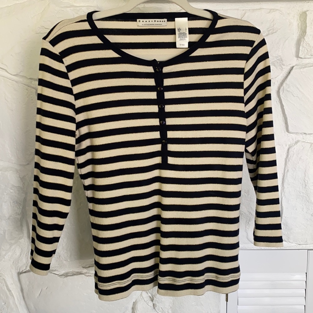 Liz Claiborne Navy Cream Gold Striped Buttoned Top